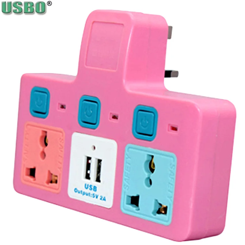 Universal Pink Blue 250V 13A 2USB 5V 2A 1 to 3 UK Wireless Power Strip US EU To UK Multifunction Socket Wall Adaptor Plug Outlet