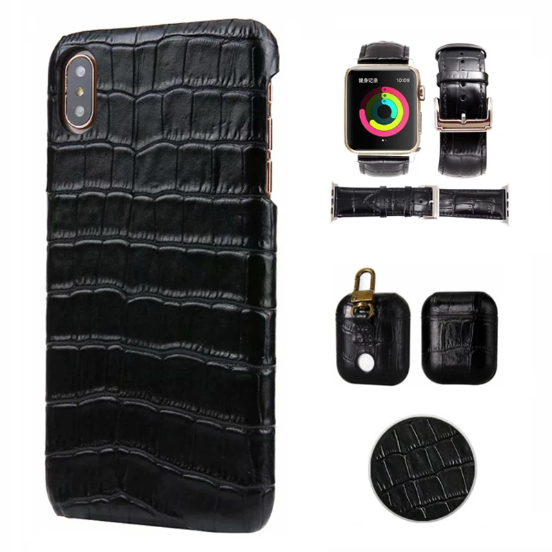 

Real leather Crocodile Pattern Retro Case for iPhone x xr xs max 6s 7 8 plus AirPods Watch strap back Cover Case