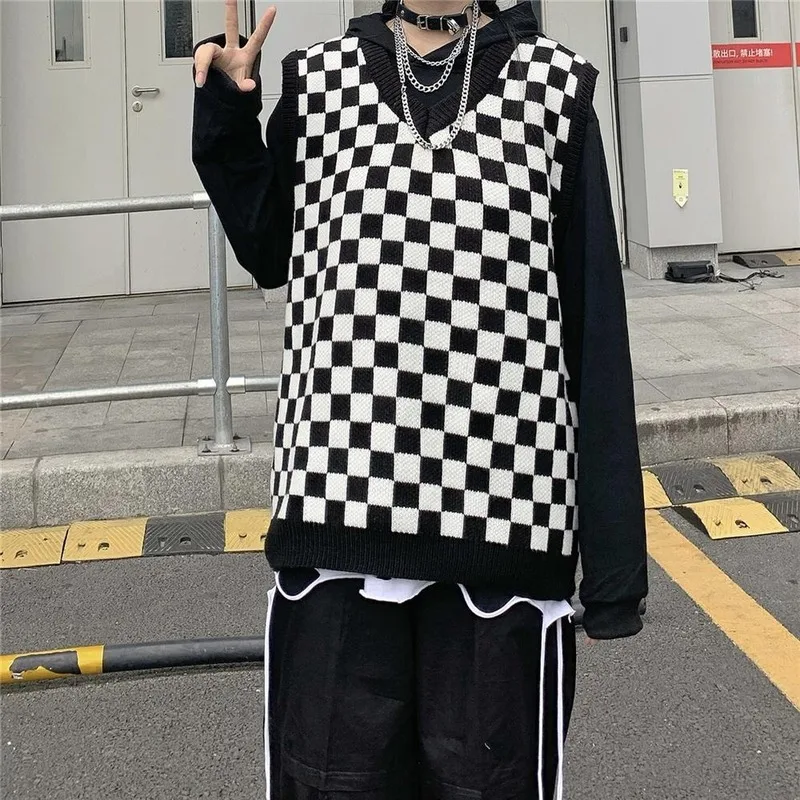 

Deeptown Vintage Sweater Vest Autumn Winter Fashion Argyle Print Vest Loose Casual Contrast Top All-match Japanese Sweater Women