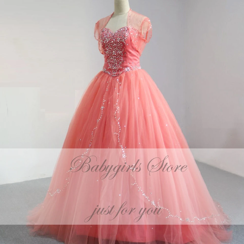 Блестящие коралловые Бальные платья с жакетом Vestidos милые 16 вечерние бальные платья с кристаллами и бисером