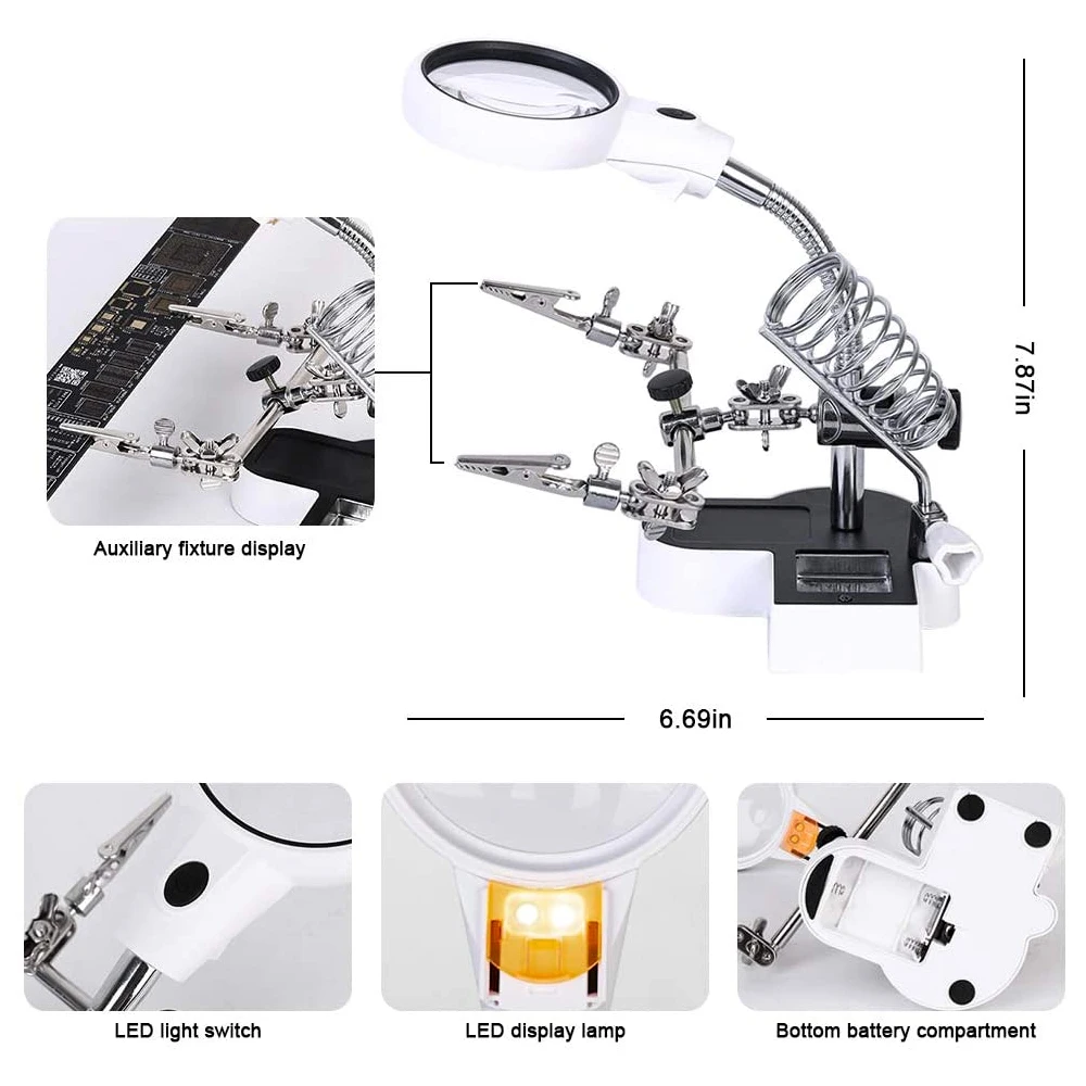 Soldering Iron Welding Magnifying Glass 2 LED 3X 4.5X 25X Helping Hand Rework Magnifier with 3 Tools Boxes Desk Station Repair