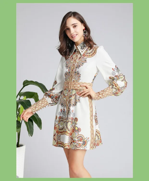 Faldas mujer moda, Осеннее модное винтажное платье, воротник с лацканами, расшитое бисером, пояс со стразами, с принтом, vestido de festa feminina, мини-платье