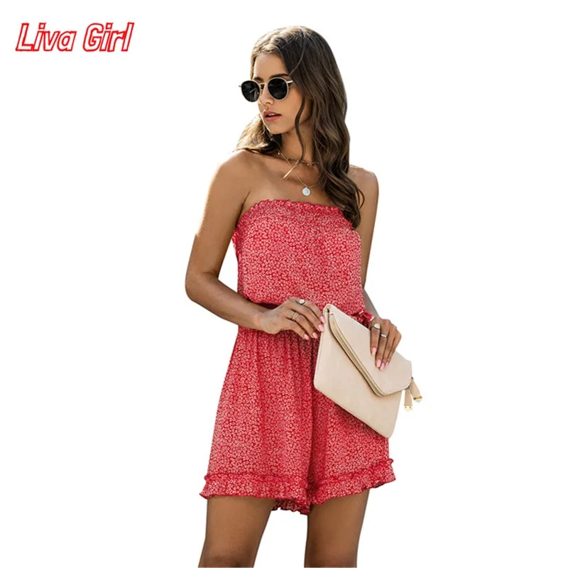 Летний короткий Модный комбинезон без рукавов с оборками на груди принтом в