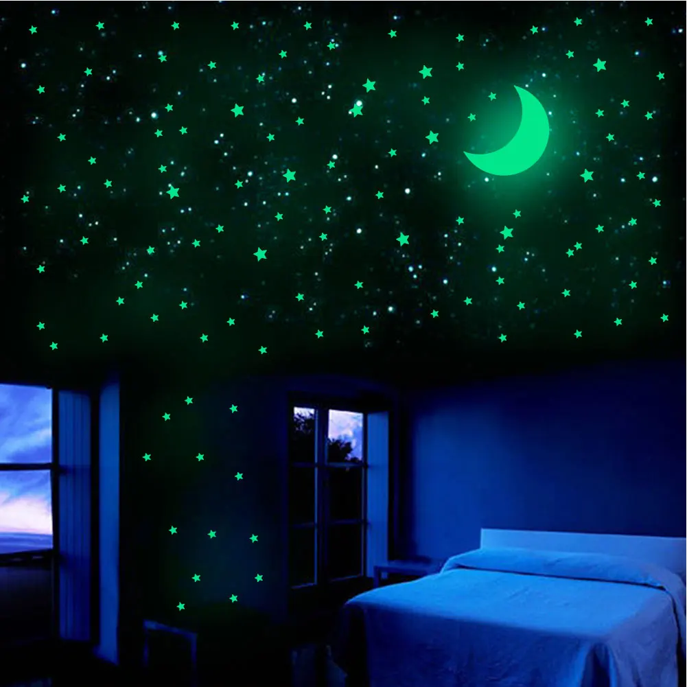 Pegatinas luminosas de pared con puntos & estrellas & luna Decoración por dormitorio de niños & Sala de estar 435 piezas de Pegatinas luminosas de pared 