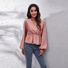 

Lantern Long Sleeve V Neck Top Woman Elegant Slim Waist Blouse For Ladies Solid Color Chiffon Shirt 2022 Spring Fashion Clothes