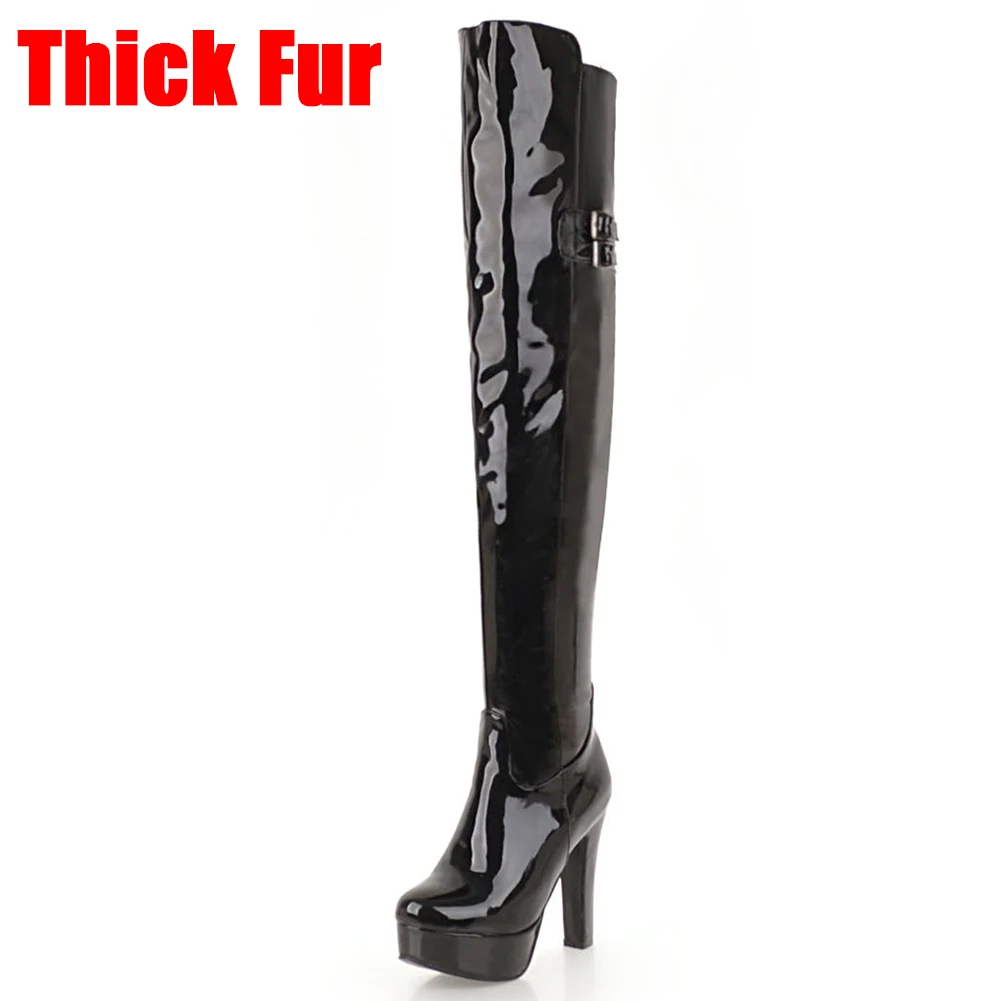 KARINLUNA Plus Size 34-48 Party Over The Knee Boots Lady Fashion Patent Pu Thigh High Boots Women High Heels Shoes Woman - Цвет: black 1 thick fur