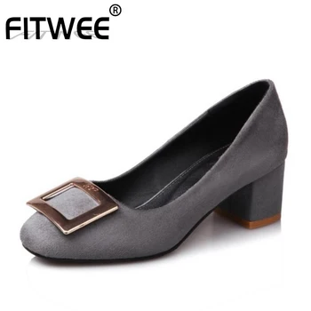

FITWEE Size 32-43 Women Metal Bowknot High Heels Shoes Square Toe Thick Heel Pumps Office Work Lady Daily Brief Sapato Feminin