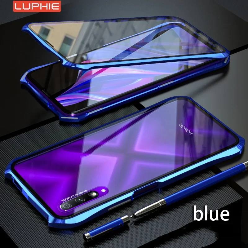 Магнитный чехол Luphie для huawei Honor 9x Pro, полностью переднее+ заднее стекло 9 h, закаленное стекло, магнитный металлический чехол 9 X, чехол Plus - Цвет: Синий