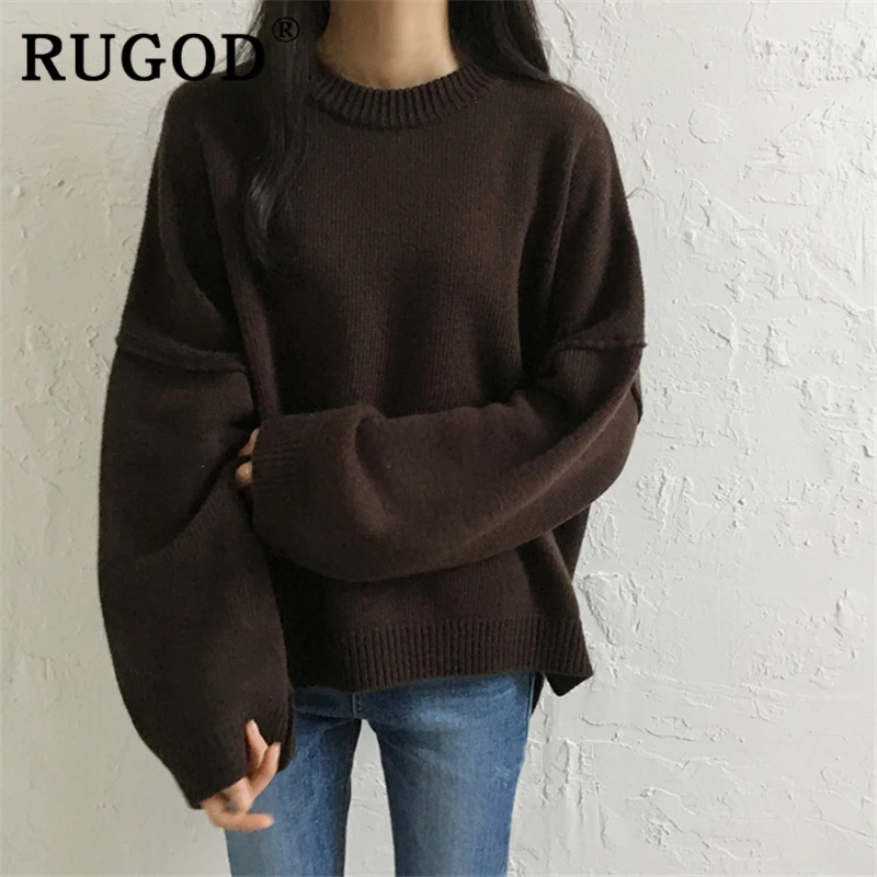 RUGOD, винтажный однотонный вязаный пуловер, свитер, женский, корейский, круглый вырез, уплотненный, auturm, теплые свитера, женский, опрятный, негабаритное пальто