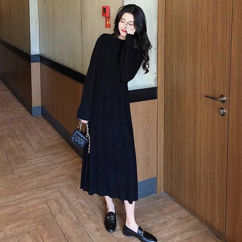 2020 Sweater Dress Autumn Winter Women Korean Long Sleeve Slim Stripe Knit Dress Female French Vintage One-Piece Dress Vestidos