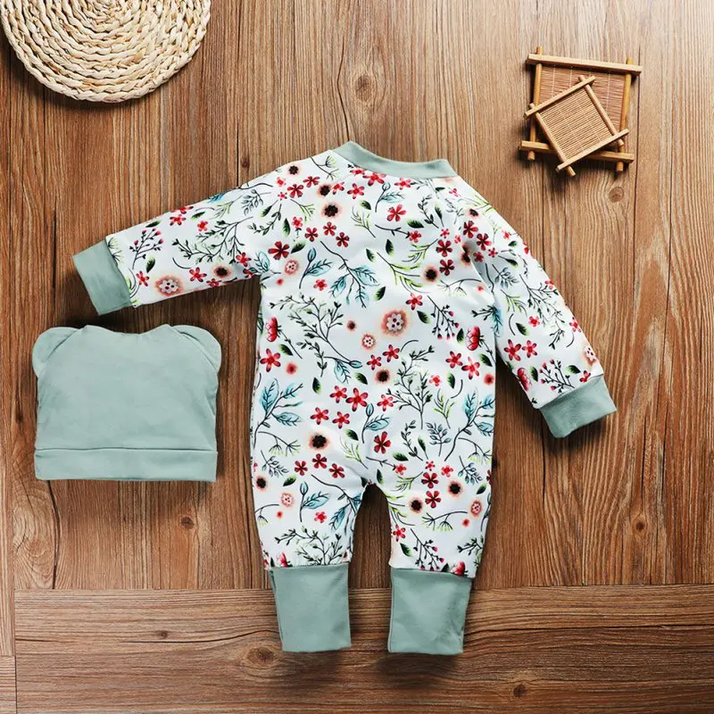 Осенне-зимний модный милый мягкий комбинезон с длинными рукавами и шапкой; комплект из 2 предметов; комбинезоны с милым принтом для маленьких мальчиков и девочек; Новинка