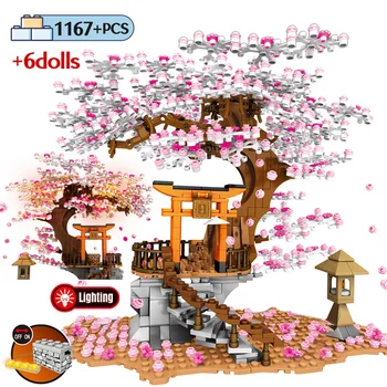 

2020 Street View Idea Shrine Bricks Sakura Stall Bricks City Friends Cherry Blossom Landscape House Tree Building Block Toys 4