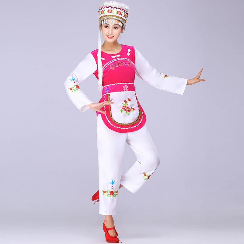 Chinese Folk Dance Costume Bai Dance Clothing Children Performing Service Girl National Dancewear with Headress and Apron