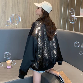 

Blingbling Women Sequins Coat Long Section Loose Style Shiny Workwear Jacket Female Spring Windbreaker Jackets