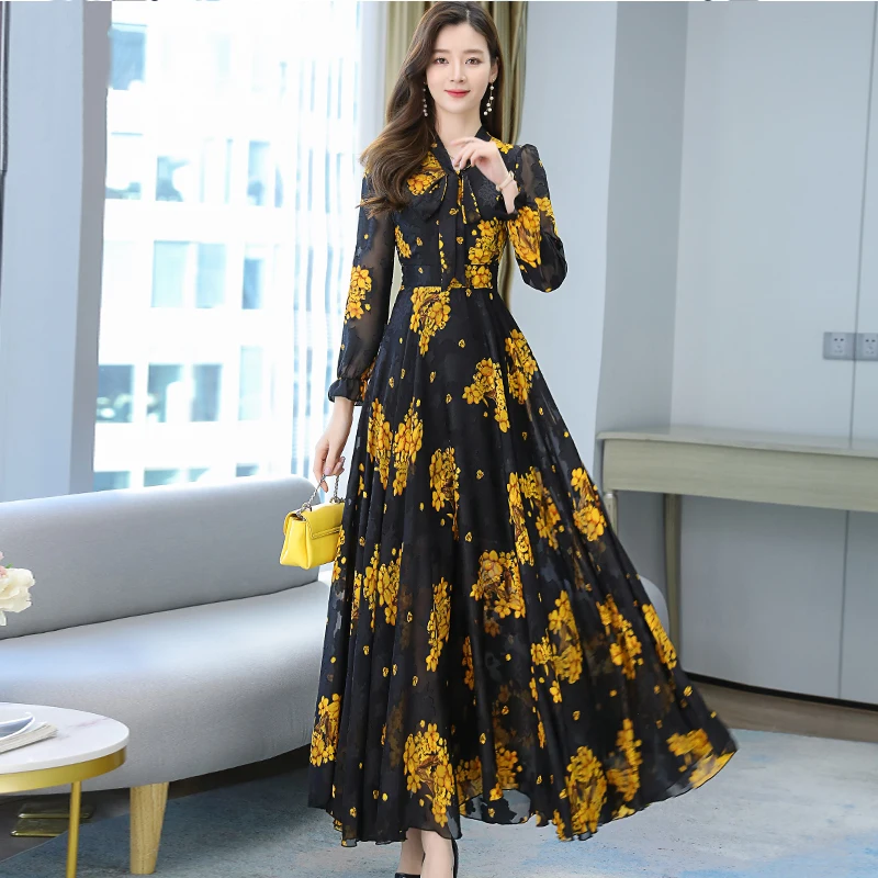 2021 New Spring And Autumn Dress Black And White Apricot Print Long Skirt High Quality Oversized Flower Long Sleeve Women's Chif