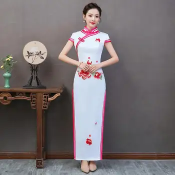 

White Sexy Womens Long Evening Cheongsam Flower Spring Chinese style Lady Mandarin Collar Qipao Slim Party Dress Vestido S-5XL