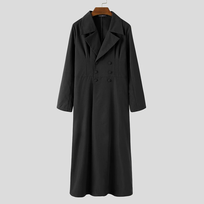 INCERUN-abrigos de estilo largo para hombre, de Color sólido con doble botonadura túnicas masculinas, solapa de manga larga, elegantes, ropa de calle, cortavientos para hombre