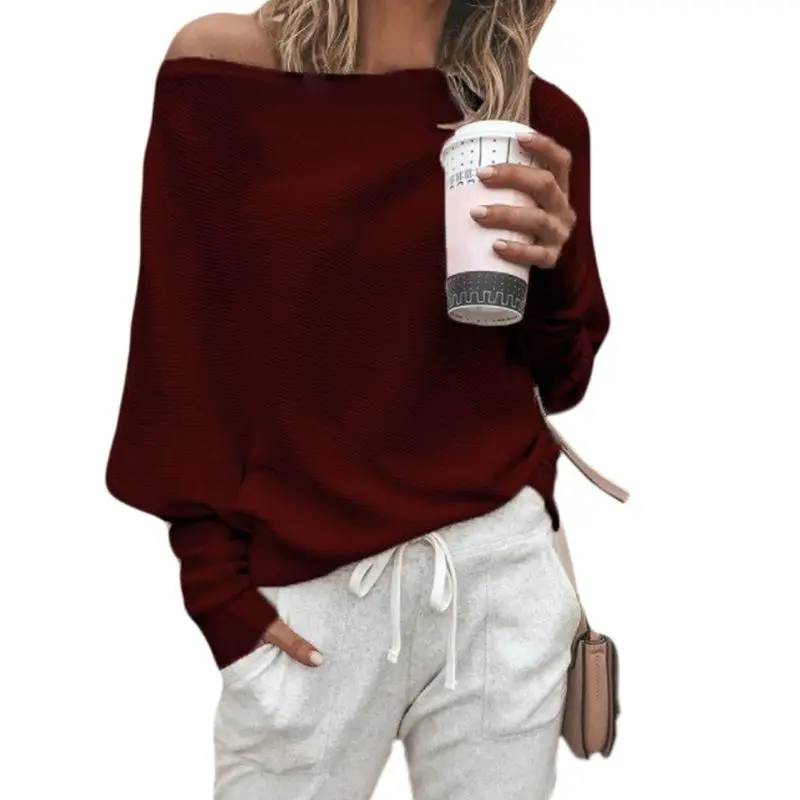 Women Autumn Spring Off Shoulder Sweater Long Batwing Sleeves Ribbed Knitted Pullover Tops Loose Casual Knitwear Jumper