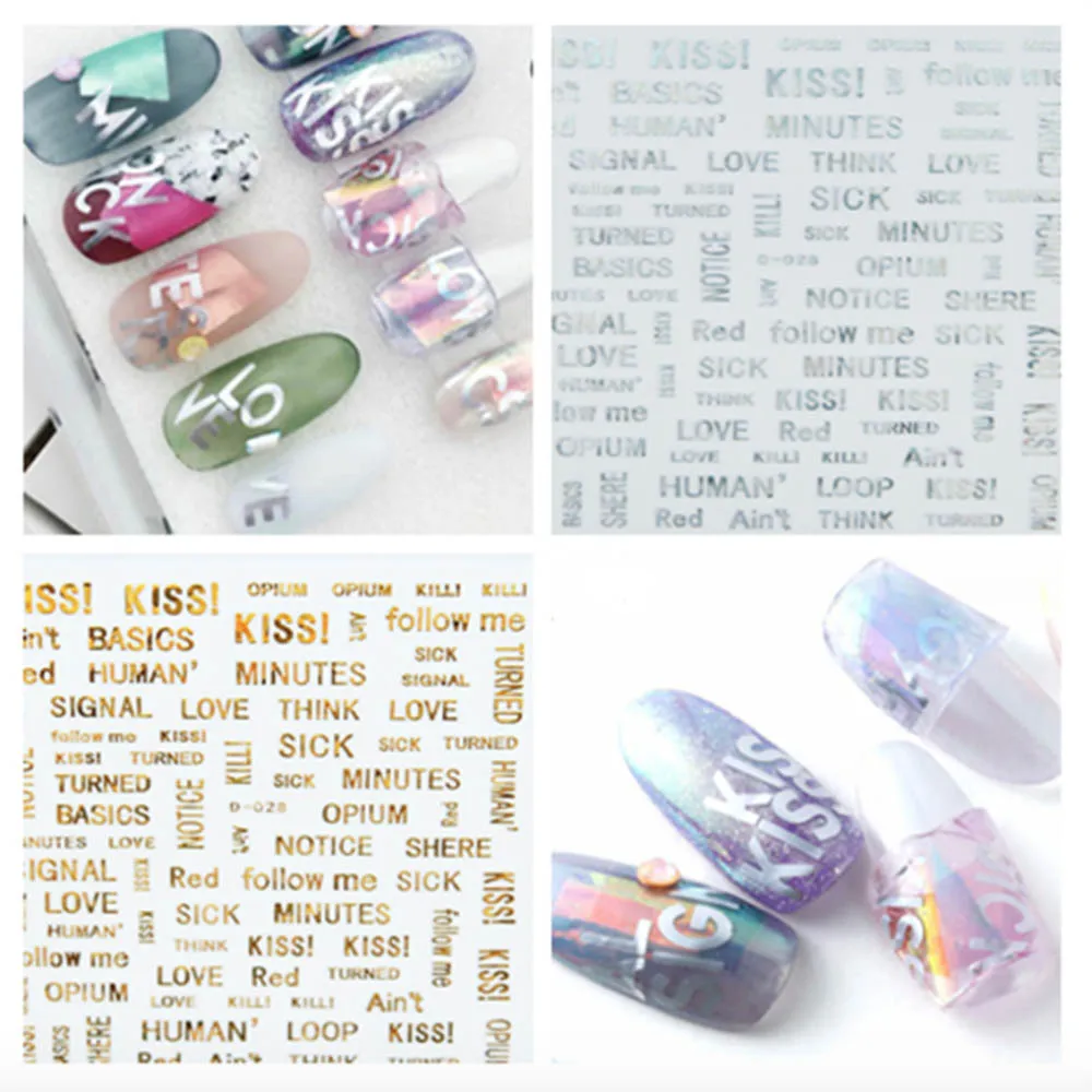 

1pcs English Letter 3d Adhesive Decals laser gold silver Writing alphabet series Self Adhesive DIY Nail Decoration Slider Decals