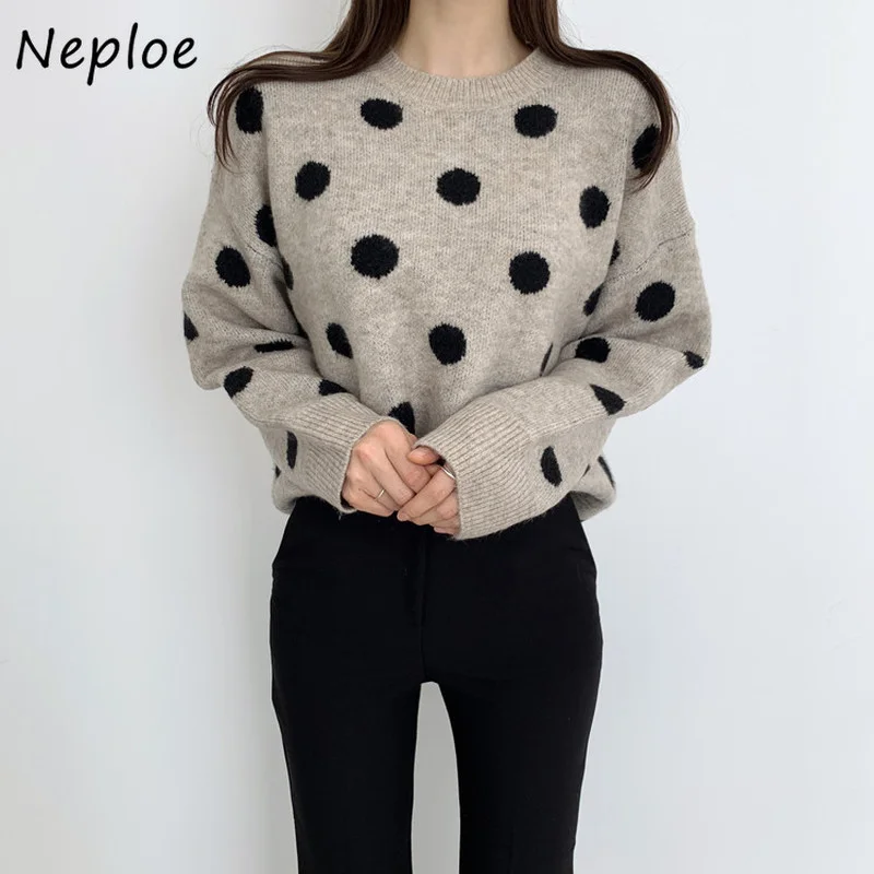 Neploe Simple Sweet Polka Dot Print Sweaters Women Comfortable Knitted Pullovers Female Temperament Loose Ladies Bottoming Shirt | Женская