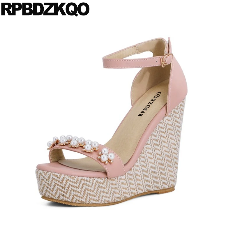 Zapatos de tacón alto con plataforma para mujer, Sandalias tacón alto con correa en el tobillo, color rosa, perla, Drag Queen fetiche, Sexy, talla 10|Sandalias mujer| - AliExpress