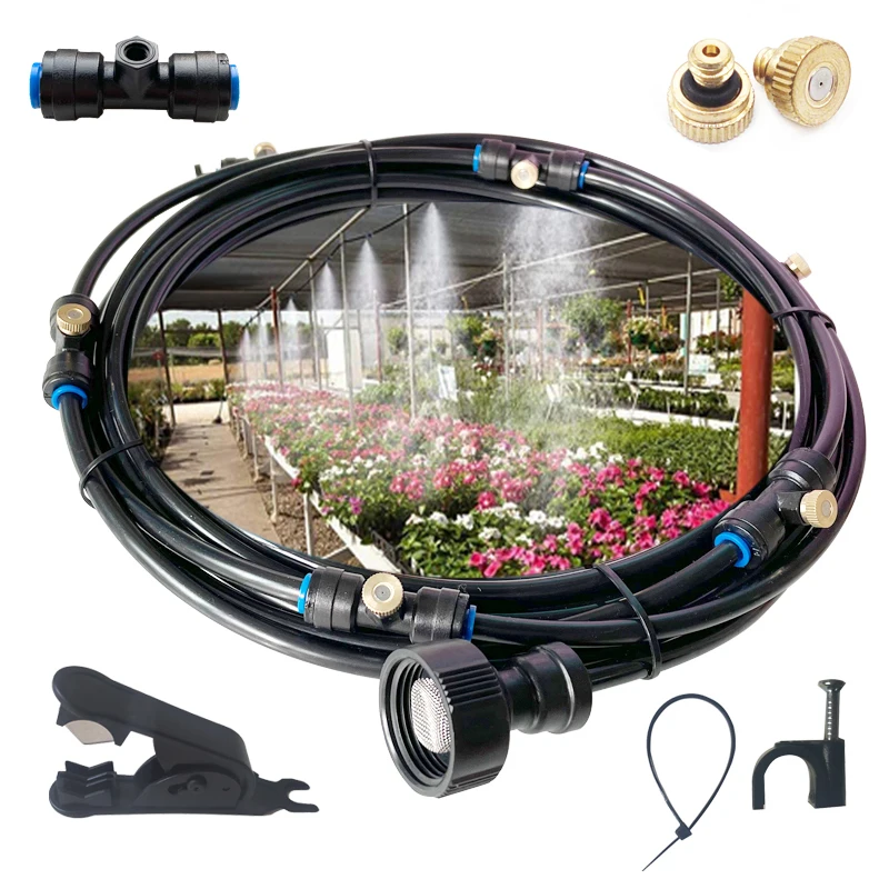 

DIY 10M/15M/20M Water Spray Misting Cooling System Kit For Greenhouse Garden Patio Plants Waterring Irrigation Fog Maker Nozzles