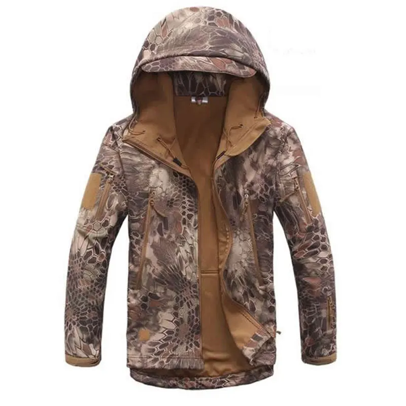 Brown Snake Sharkskin софтшелл Куртки флис с капюшоном Камуфляж Топы корректирующие зима Охота Военная Униформа Снайпер одежда Ghillie костюм - Color: Brown Snake