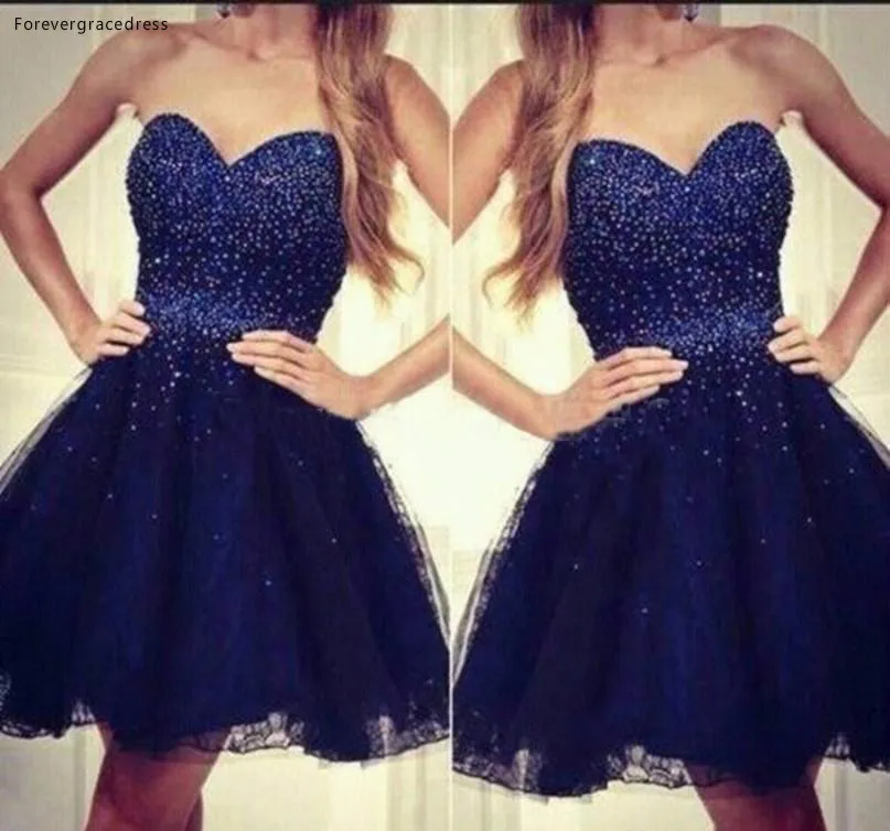 2017 Navy Blue Sweetheart Strapless Tulle Short Homecoming Dresses With Beaded Bodice New Sexy Cocktail Party Dress 98