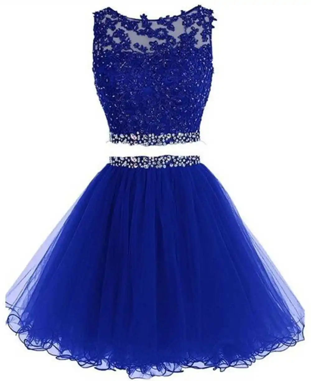Royal Blue Два предмета бисером короткое выпускное платье для 8 класса аппликация Сексуальная Открытая спина платье для выпускного вечера Совок платье без рукавов - Цвет: Royal Blue