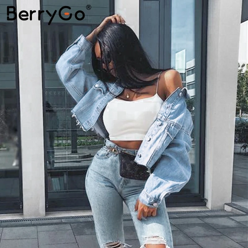 BerryGo винтажные женские джинсовые рваные куртки повседневная синяя джинсовая