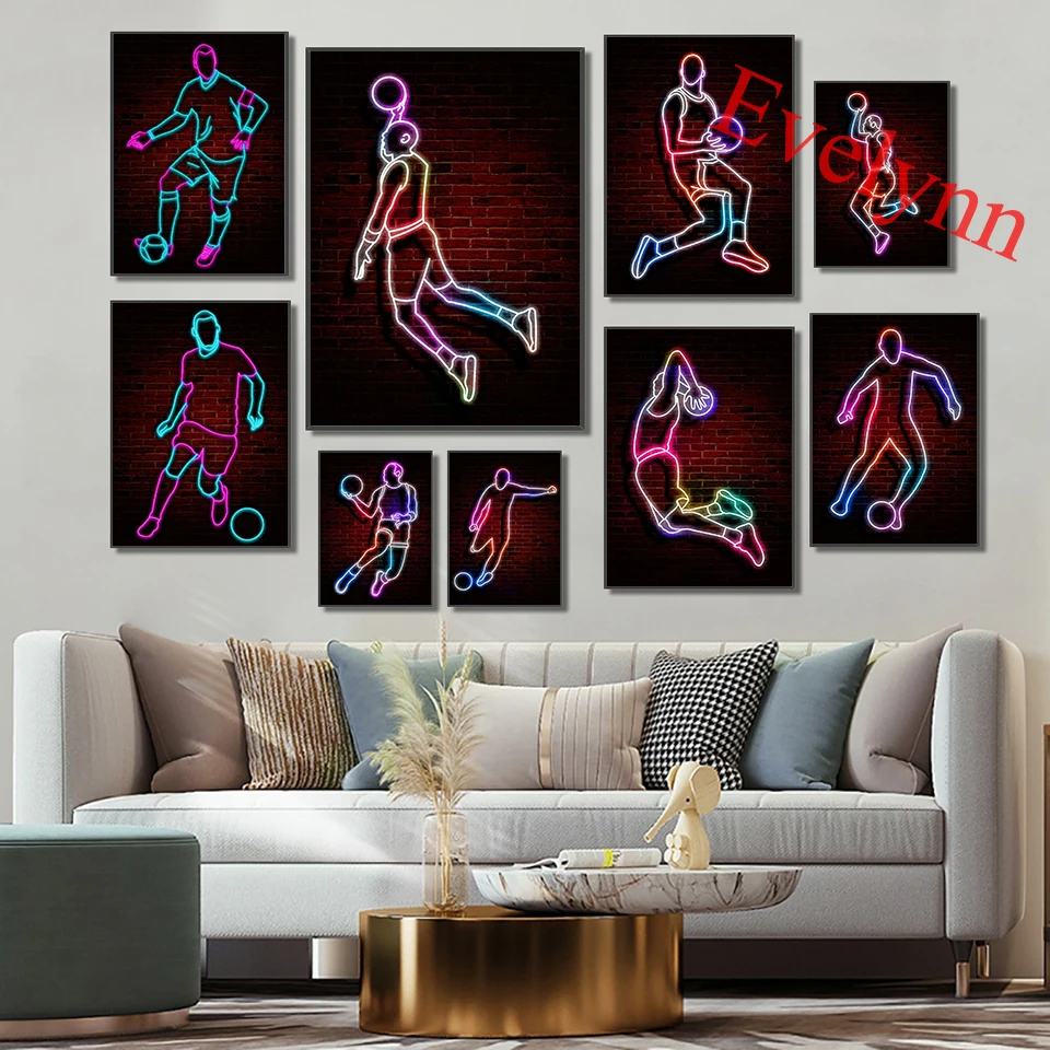 

Neon Movement Poster Basketball And Football Skill Painting Modern Living Room Decor Canvas Wall Art Prints Nordic Home Decor