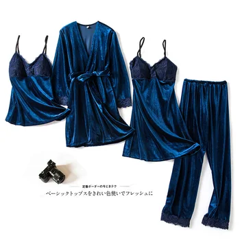 

Velvet Sleepwear Pajamas Lady 4PCS Sleep Set Kimono Robe Gown Long Sleeve Casual Thicken Nightwear Autumn Negligee Home Clothing