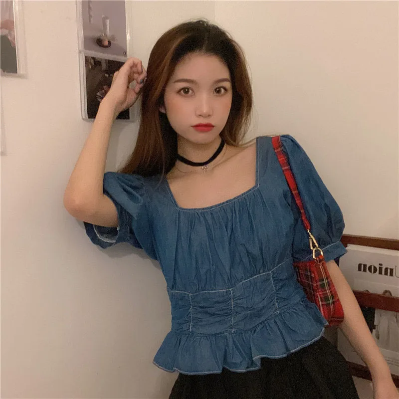 

Summer Clothes For Women Retro Square Collar Blue Denim Blouse 2021 Puff Sleeve Crop Top Peter pan Shirt New Arrival In Stock