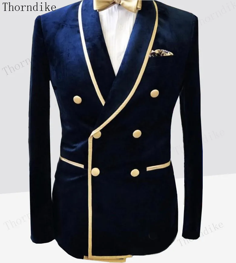 Thorndike Double-Breasted Shawl Lapel Nvay Velvet Wedding Groom Tuxedos Men Party Blazer Prom Business Suits Just one Jacket | Мужская