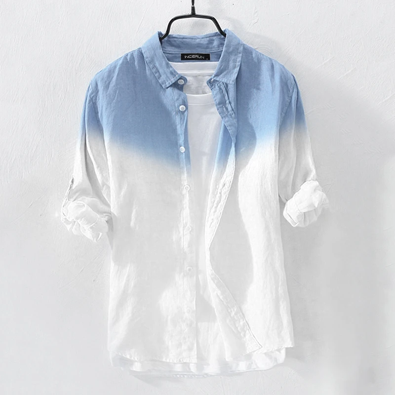Blue Shirt INCERUN, модная мужская рубашка, окрашенная, градиентная, хлопковая блуза с длинным рукавом, воротник с лацканами, уличная одежда, повседневные брендовые рубашки для мужчин - Цвет: Blue Shirt