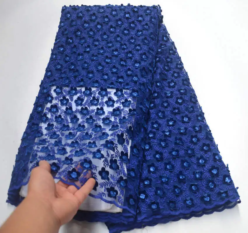 

2019 Royal blue French Nigerian Laces Fabrics High Quality Sequins African Laces Fabric 3D applique Tulle Lace Materia XAZ003