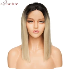 SNOILITE 14 ''короткий Боб Синтетические волосы на кружеве парик синтетические черный прямое, Омбре Боб Косплэй парики средней части боковой части парики из натуральных волос для Для женщин