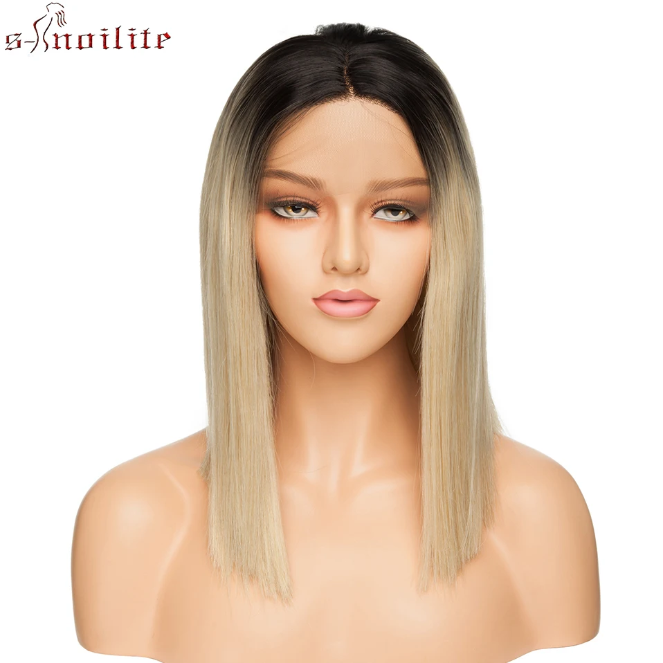 

SNOILITE 14'' Short Bob Lace Front Wig Synthetic Black Ombre Straight Bob Cosplay Wigs Middle Part Side Part Hair Wigs For Women