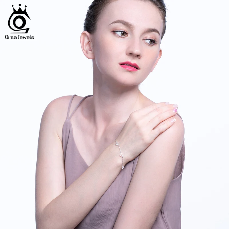 ORSA JEWELS 925 пробы Серебряный удлиненный браслет для женщин с AAAA цирконием Сердце Браслеты с подвесками Женские Простые Ювелирные изделия SB57