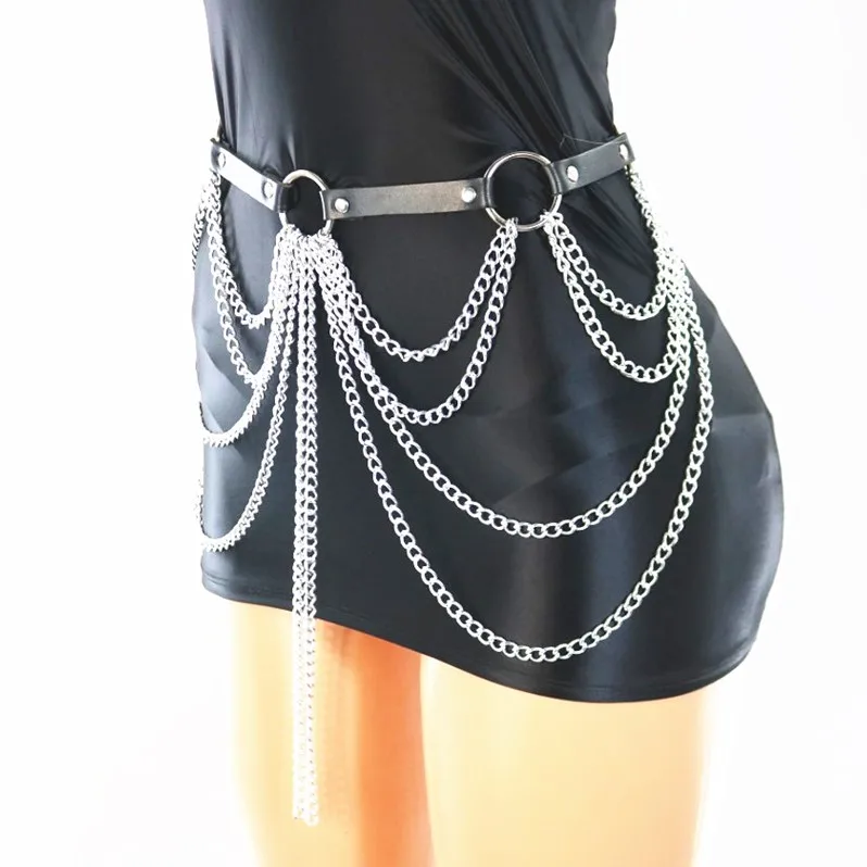 Gothic Leather Harness Chain Women Garter Belt Metal Chain Belt Punk Body Chain Waist Belt Sexy Suspenders Straps Fashion