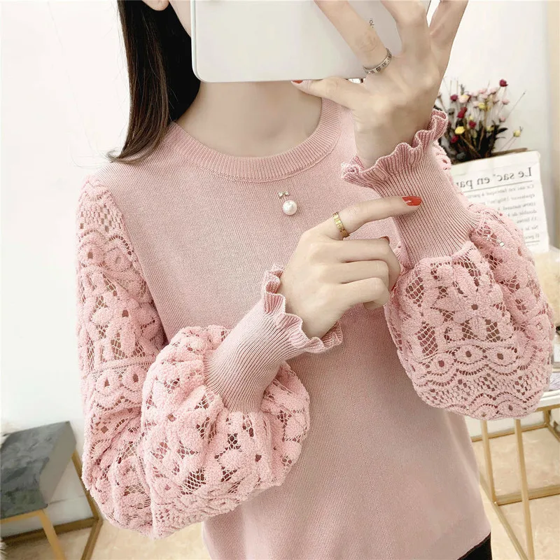 Woherb Pull Femme кружево выдалбливают лоскутный свитер для женщин перо золото бархат рукав пуловер корейская мода новые Джемперы 91009 - Цвет: pink