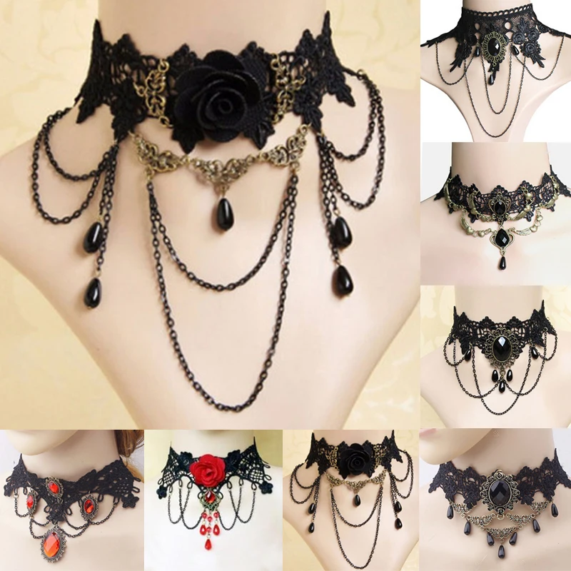 Fashion Tassel Punk Style Gothic Choker Necklace Red Rhinestone Charms Vampire Maxi Necklace Vintage Tattoo Lace Pendant Wedding velvet choker necklaces,lace necklace,lace choker necklaces,women jewelry