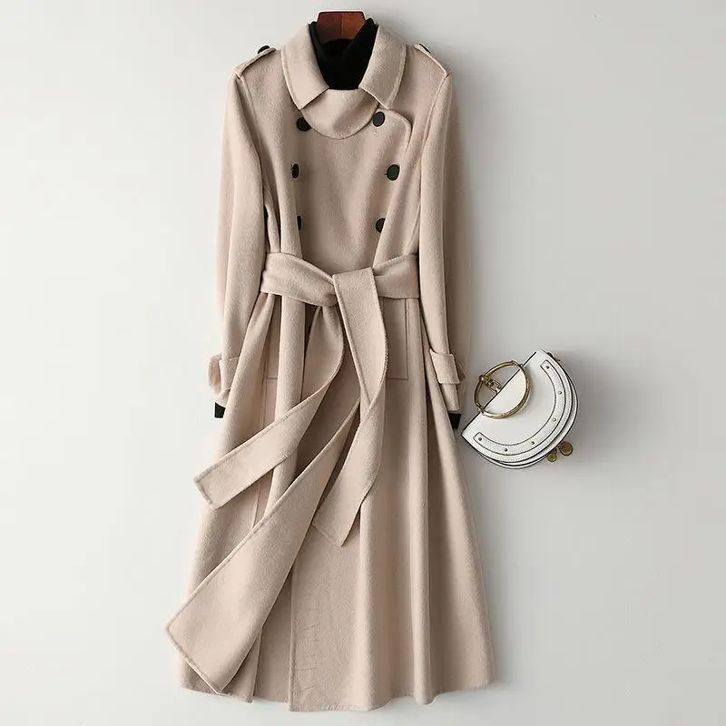 beige Осенне-зимнее женское длинное шерстяное пальто новое двубортное пальто с квадратным воротником Женская двусторонняя кашемировая верхняя одежда N46 - Цвет: beige