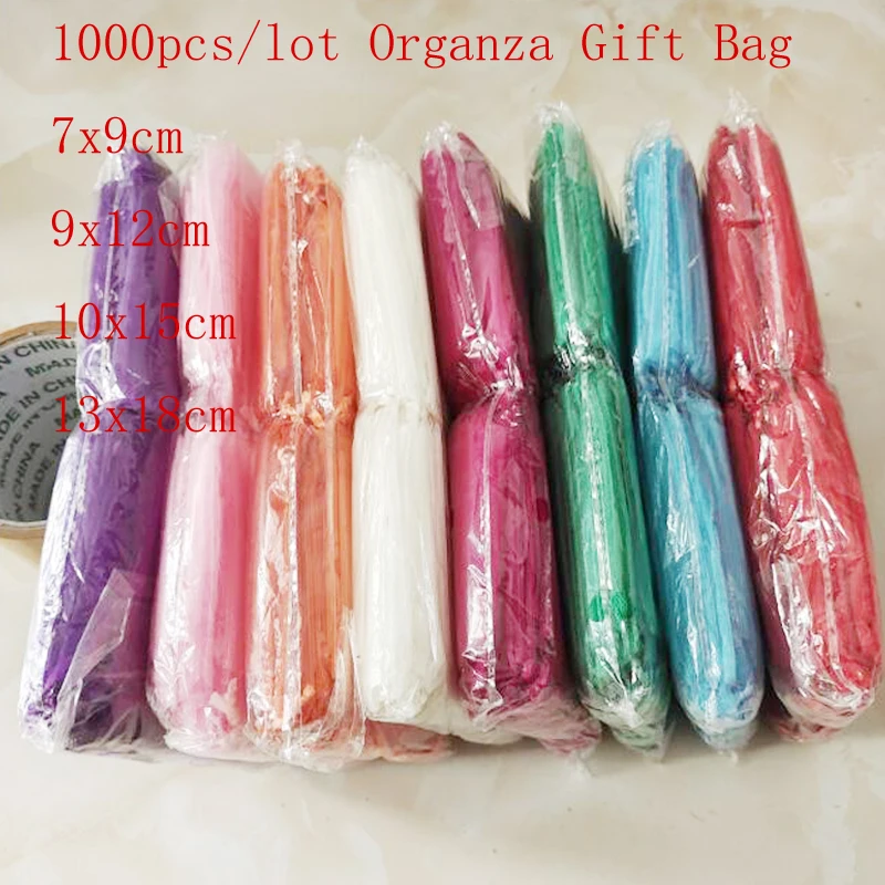 1000 개/몫 7x9 9x12 10x15cm 명확한 Organza 선물 가방 보석 파우치 Drawstring 포장 가방 크리스마스 웨딩 생일 선물 가방