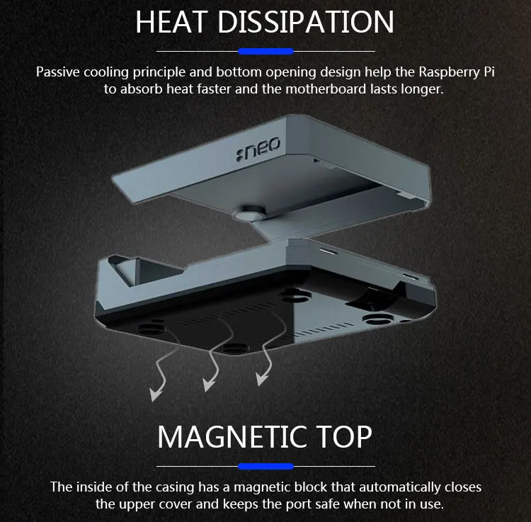 Чехол Argon NEO Raspberry Pi 4, минималистичный дизайн, тонкий алюминиевый корпус, пассивное охлаждение, прочный, но портативный раздвижной Магнитный верх