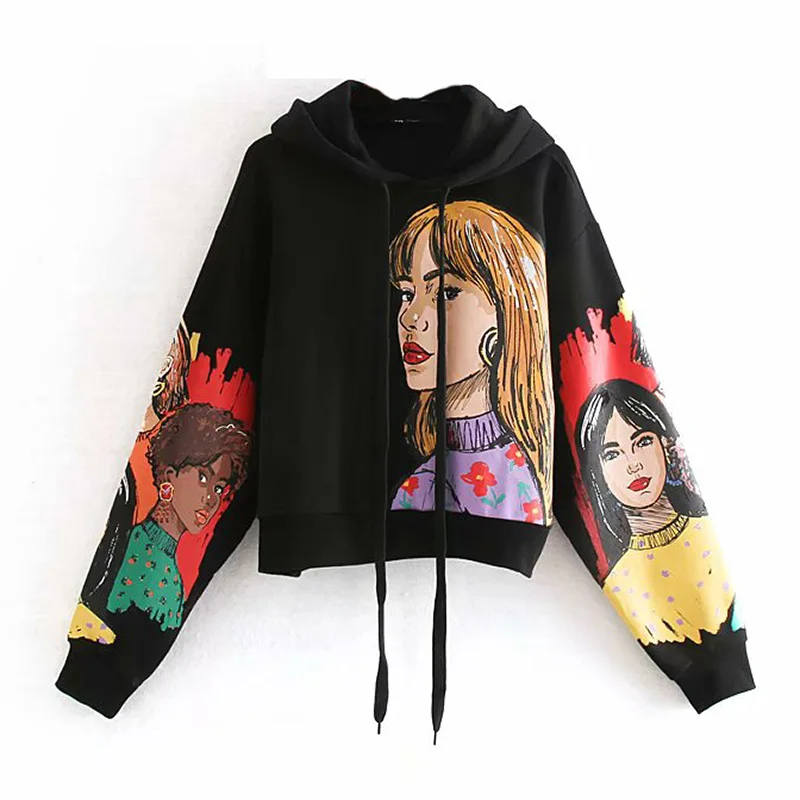 

Trend Character Print Hooded Hoodies Women Long Sleeve Loose Black Hoody Sweatshirts Pullover Tops Autumn Spring Sudadera Mujer