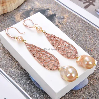 

GG Jewelry Pink Keshi Pearl Rose Gold Plated CZ Pave Teardrop Earrings