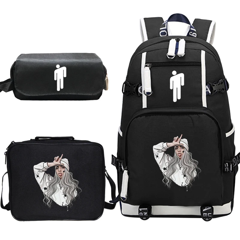 Mochila Billie Eilish рюкзак 3 шт./компл. школьные сумки для подростков мальчиков и девочек Дорожная сумка, рюкзак, рюкзак для ноутбука, рюкзак для обеда сумка-тоут Карандаш Чехол - Цвет: 12