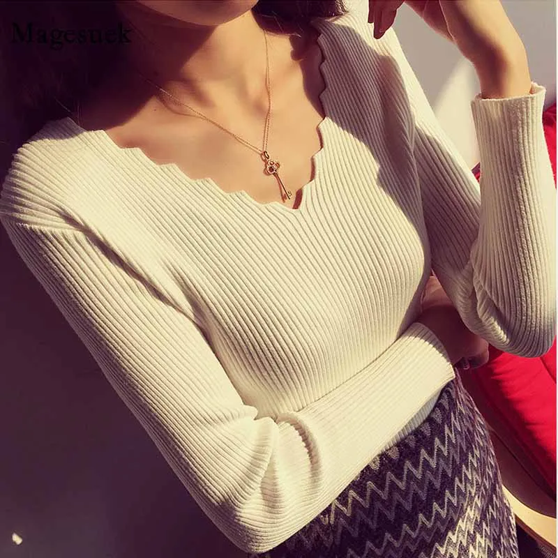 

V-neck Elasticity Fashion Pullover Women Long-sleeve Knit Sweater Autumn Solid Basic Pull Women Clothing Female Jumper 7113 50