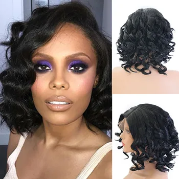 

RONGDUOYI Black Wig Short Deep Wave Glueless Synthetic Lace Front Wig Heat Resistant Fiber with Side Part Hair Wigs For Women